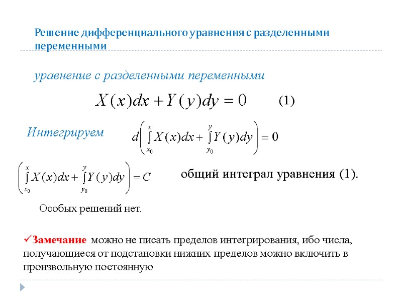 Решение дифференциального уравнения с разделенными переменными уравнение с разделенными переменными Интегрируем  общий интеграл